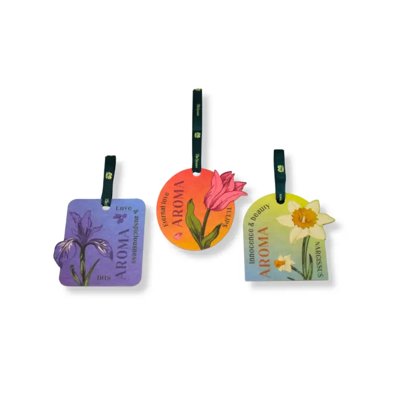 Biodegradable paper air freshener set with custom-shaped hanging designs and floral scents