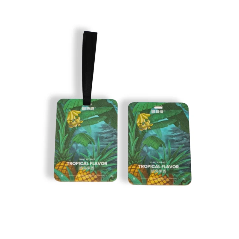 Tropical Flavor car air freshener – front and back view of hanging fragrance card with jungle artwork